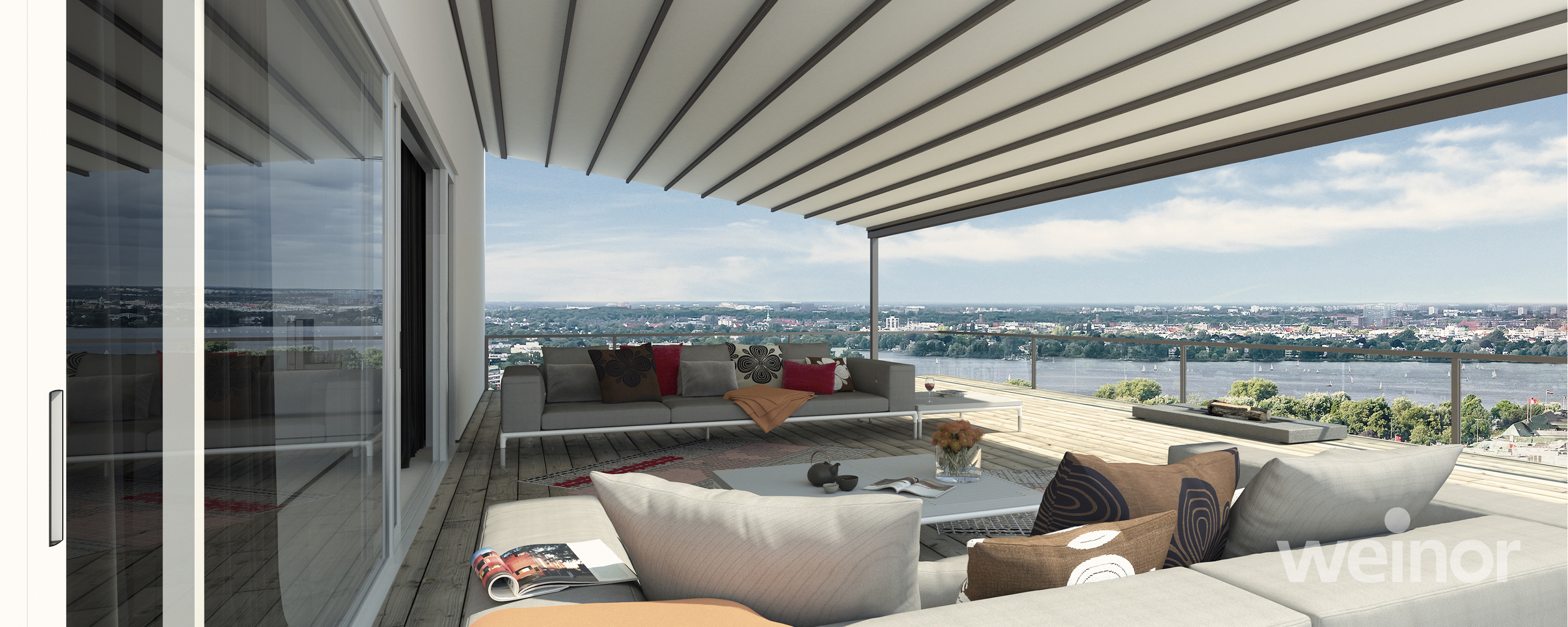 Blick von innen auf Terrasse mit ausgefahrener Markise - Semina life