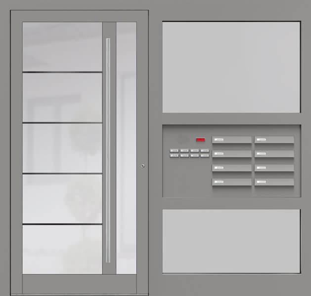 Haustür für Mehrfamilienhaus in grau aus Glas und Seitenteil mit satinierten Glaseinsätzen, Briefkasten- und Klingelanlage