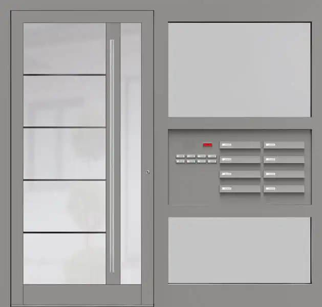 Haustür für Mehrfamilienhaus in grau aus Glas und Seitenteil mit satinierten Glaseinsätzen, Briefkasten- und Klingelanlage