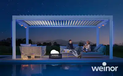 Lamellendach Artares in der Dämmerung mit LED Lichtbändern von weinor